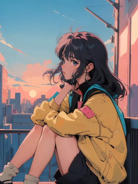 anime girl sitting on floor looking out window at city, anime aesthetic, anime vibes, Lofiatostyle, lofi portrait at a window, W...