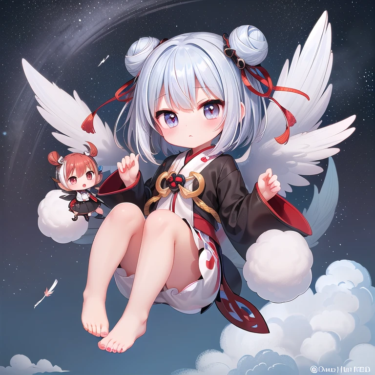 ((Chibi, miniature, 3dcg, 1 girl: 1.3)), (masterpiece, almond shaped eyes, shiny white-blue hair, short bun hair, highest quality, Carefully drawn fingertips and toes, warm clothes, smooth and beautiful skin: 1.3), (red cheeks, Fluffy clothes,  indifference, No expression,full body,: 1.2), (In Chibi Tengu's daily life, He is enjoying the view as he flies through the sky on his tiny wings.. One of them soars high into the sky、Flying through the clouds. The other Chibi Tengu are having fun creating tornadoes in the wind. The vastness of the sky々Add color to your life.:1.2),(chibi tengu feathers,night:1.3)