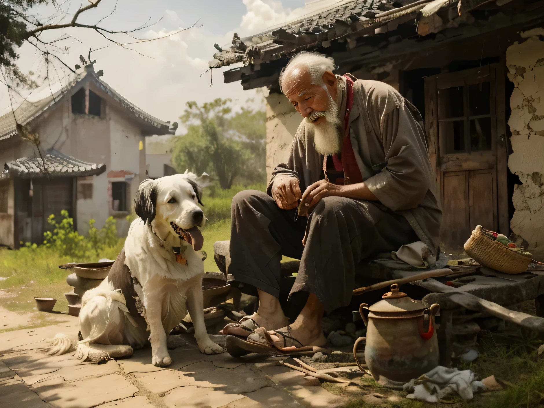 fotografia colorida，aldeia chinesa，Em frente à casa em ruínas，Um velho sentado，pêlos faciais brancos，roupas surradas，Um cachorro velho，prime time，A luz do sol brilhando sobre o velho&#39;cara，Fotografia HD，Alta resolução，8K