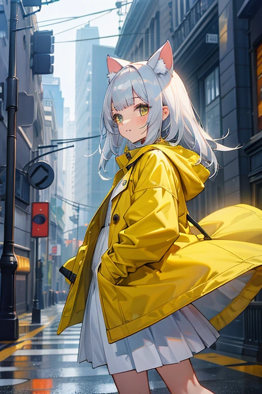 Cat-eared girl wearing a yellow raincoat　silver hair　