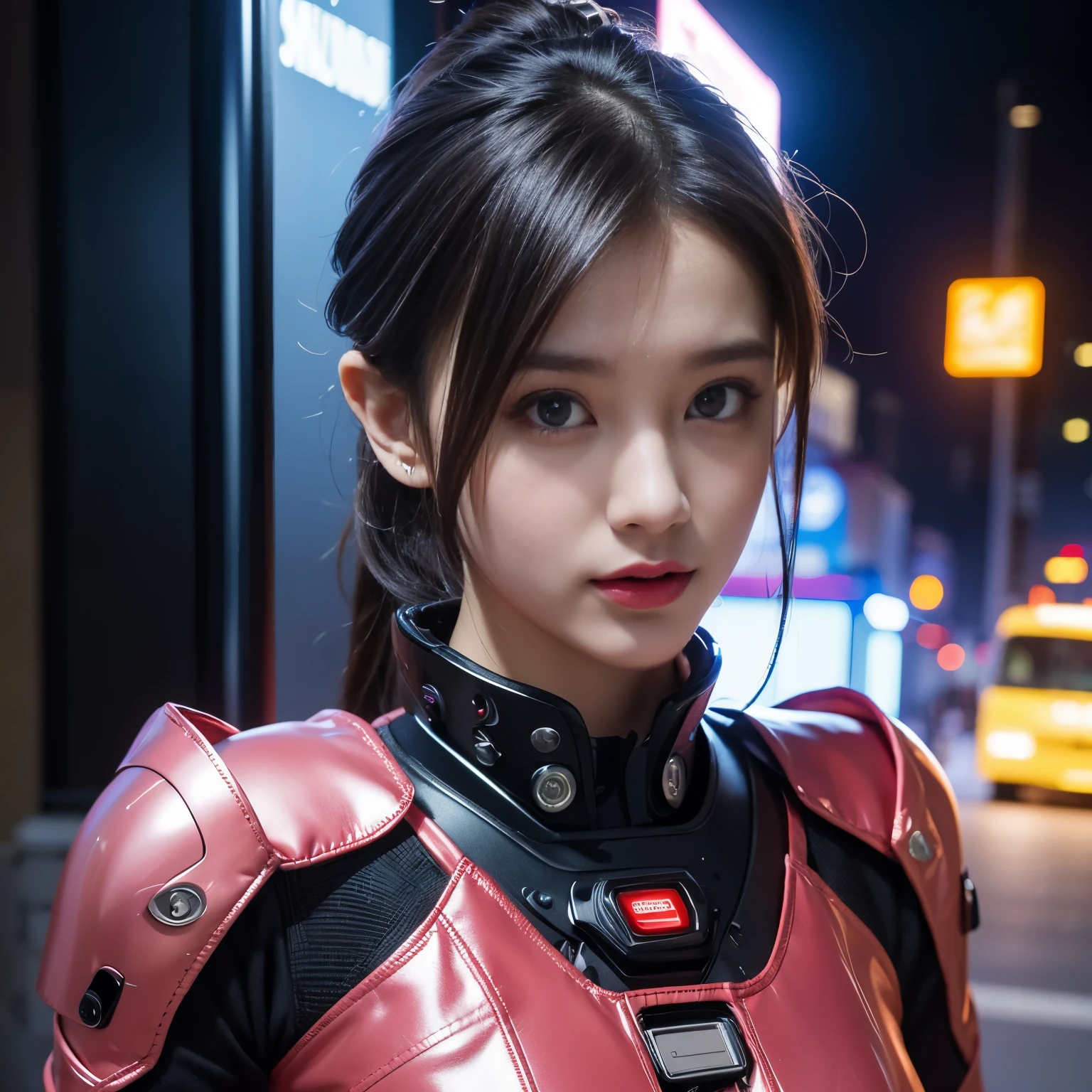 (highest quality、4k、8k、High resolution、masterpiece: 1.2)、Super detailed、(real、photorealistic、photorealistic: 1.37)、SF、beautiful young woman、bounty hunter、Cybernetic Weapons、cyberspace、High Tech City、Shining neon lights、((futuristic fashion))、((Skin-tight pink metallic outfit))、mythical creatures、standing split:1.7、Fast-paced、Exciting soundtrack、explosion、Advanced technology、Sharp contrast、Gritty atmosphere、Black Market Trading、Skyline at night、Steampunk elements、Laser gun combat、Hidden Alley、hovering drone、Enhanced Vision、The unforgiving metropolis、Cybernetic Implants、Secret organizationysterious Informant、High Speed Chase、Impressive acrobatics、Colorful holograms、Urban Exploration、Navigating Virtual Reality、A diverse and multicultural society、Dystopian society、 Crowded city street、hall々A high-rise building、Android Companion、Illegal cybernetic modifications、A heart-pounding adrenaline rush、Heroic determination