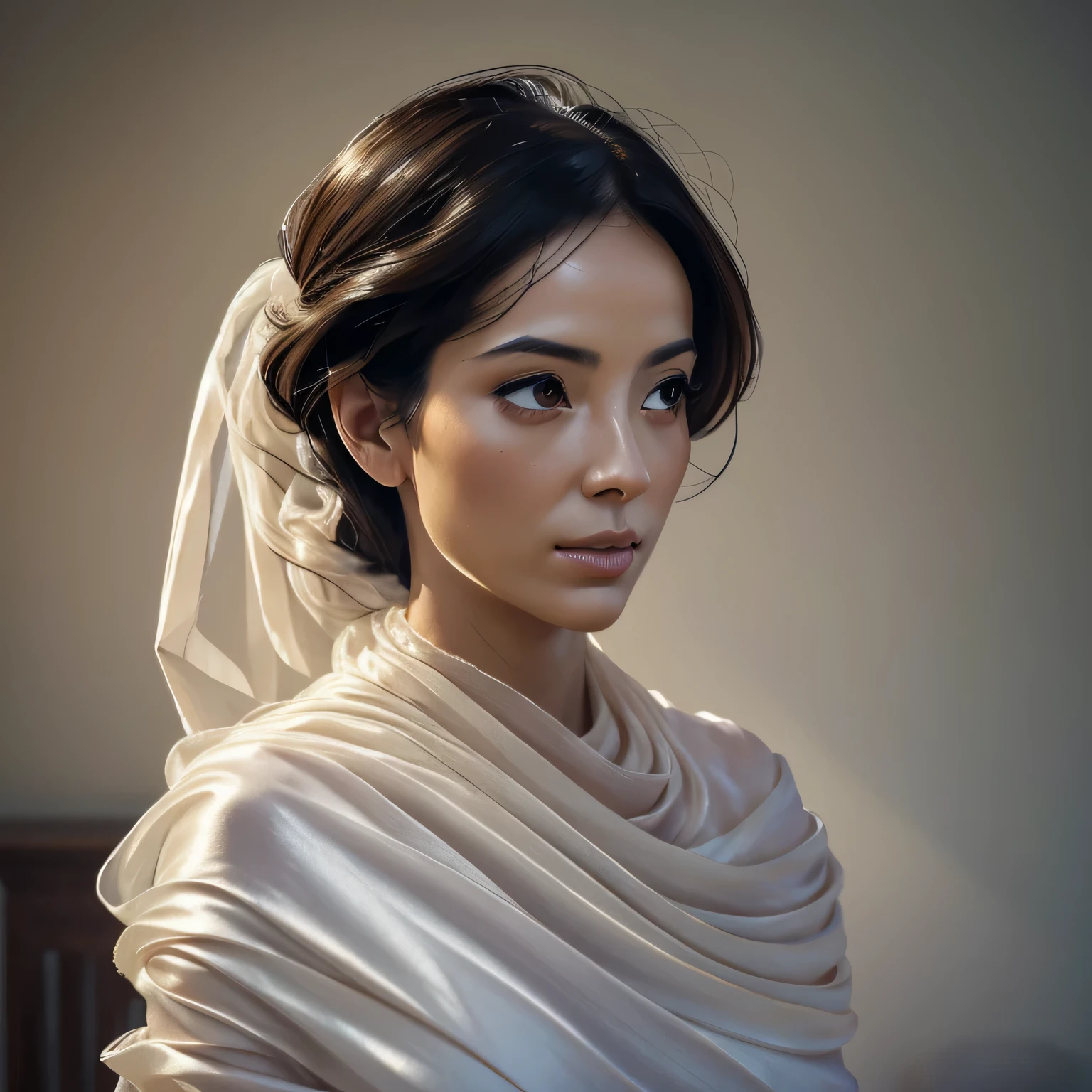 (a beautiful woman in the silk sack, mummified),oil painting,delicate brushstrokes,a serene expression,graceful posture,light streaming through the fabric,ethereal atmosphere,detailed folds and textures,subtle color palette,subdued lighting,high contrast,photorealistic,soft focus,hauntingly beautiful,finely crafted features,elegant and mysterious,surreal backdrop,impeccable attention to detail,lifelike eyes and lips,fine lines and wrinkles,meticulous composition,elegantly draped fabric,silk threads shining,underlying sense of peace and tranquility,dreamlike quality,subtle hints of decay,submerged in calmness,vivid portrayal of emotion,Ancient Egyptian inspiration,masterpiece:1.2,emotional depth,ethereal beauty