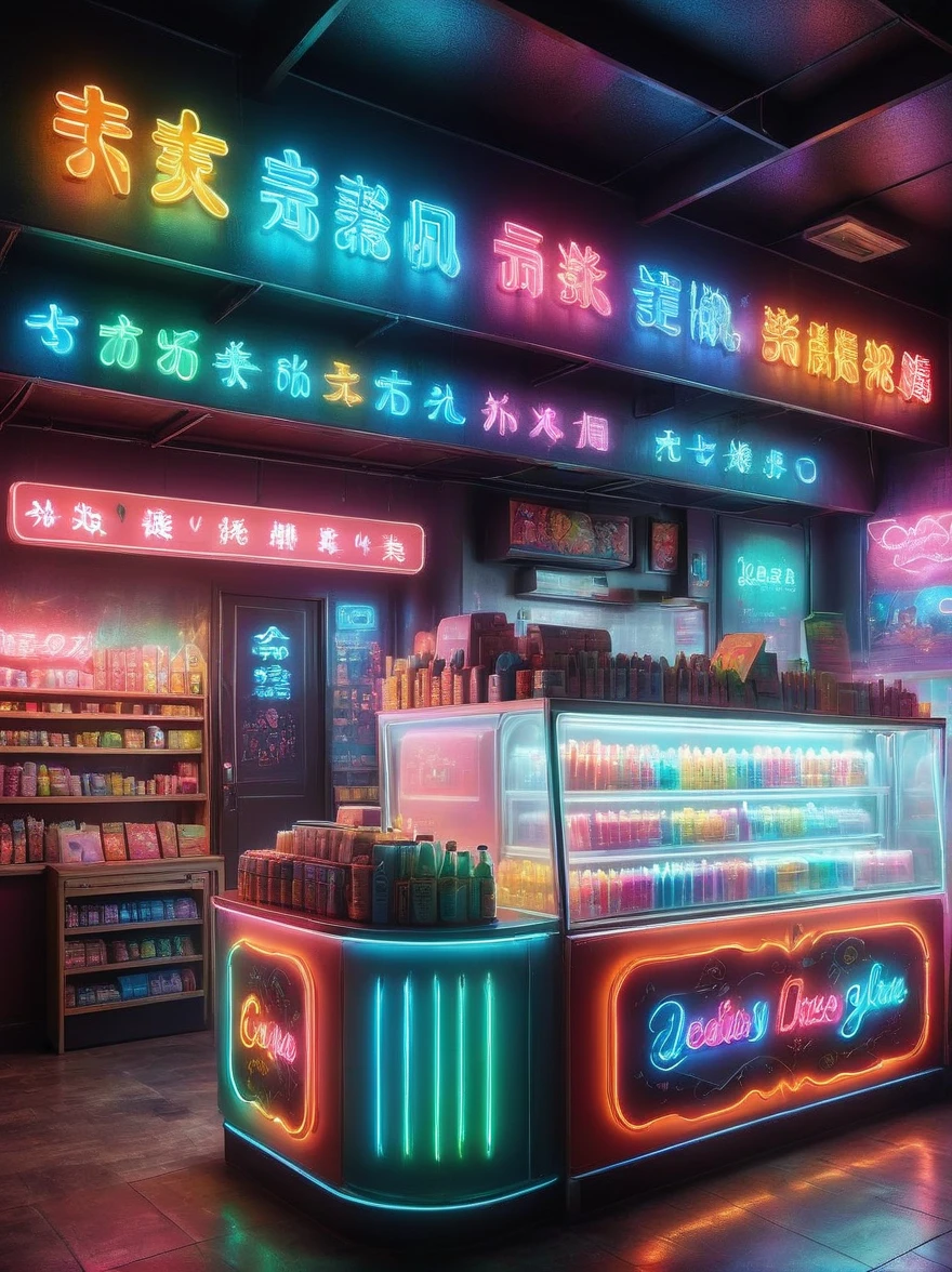 (masterpiece), best quality，(shiny)，(Inside a Van Gogh-style midnight convenience store:1.5), A cute and cheerful midnight convenience store， Dreamy convenience store, (Cute shop assistant is sorting goods:1.6)，(1 female clerk)，Cute cartoon design style, night，Sky，full moon，Vibrant colors，bright，1.4x more realism，ultra high definition，All shown in this beautiful scene，The content is very detailed，Reasonable design，clear lines，high definition，masterpiece，official art，Movie lighting effects，8K