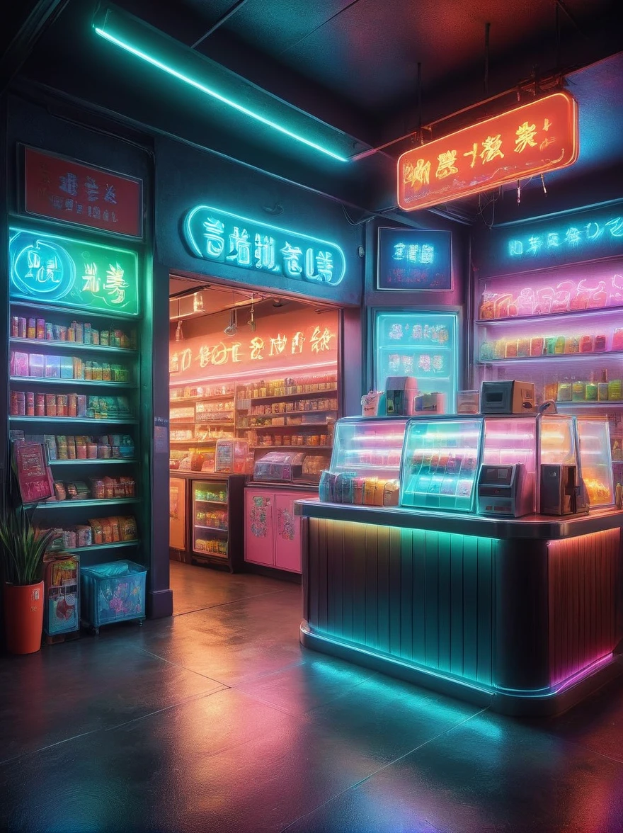 (A cute and cheerful midnight convenience store:1.3)，(A shop assistant made up of various cute fruits is sorting the goods)，Thick fog shrouded，Neon lights flash，Colorful，Bright and colorful，dramatic lighting，Fantasy，Fantasy，cute，Exquisite convenience store interior，Thick fog pervades，Neon lights，Detailed convenience store interior，Mood lighting，Stand behind the counter，highest quality，8k，high resolution，(master level:1.2)，Super details，Realistic，(Photorealism:1.3)