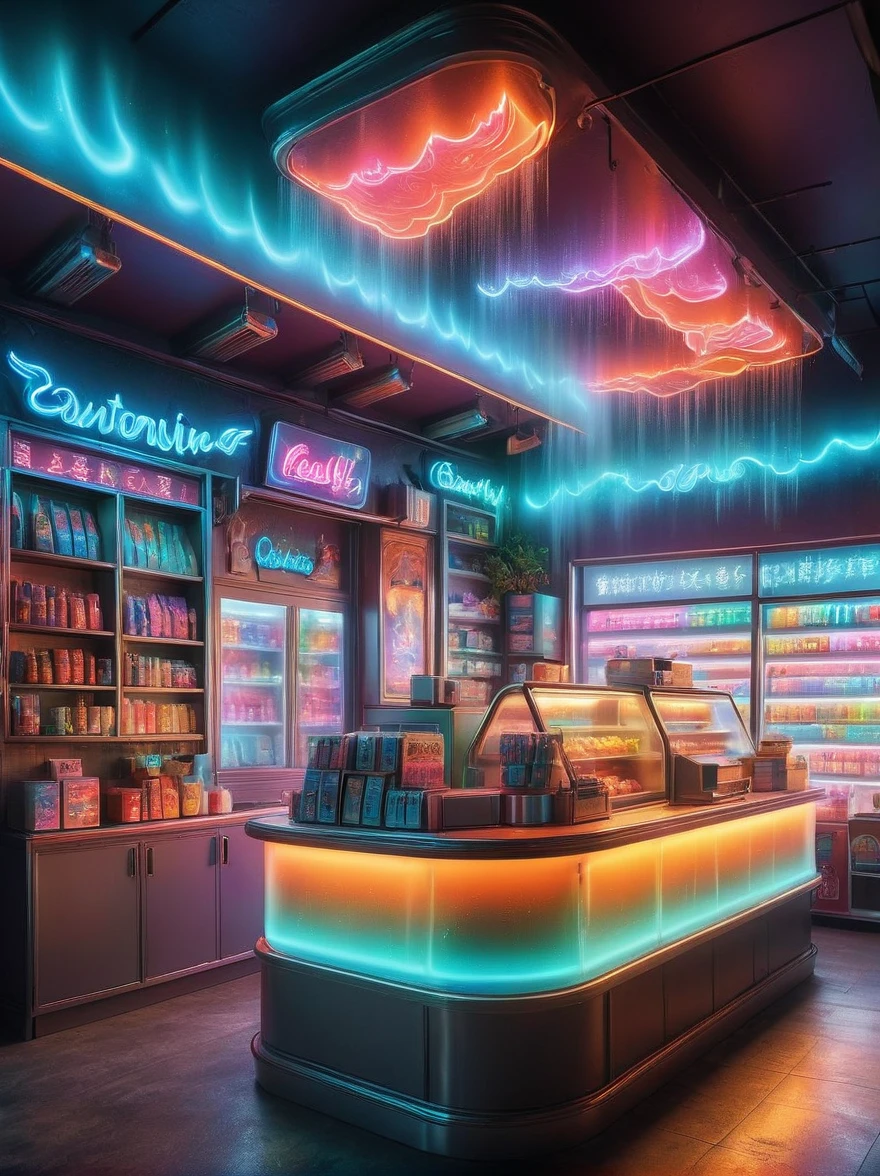 (A cute and cheerful midnight convenience store:1.3)，(A shop assistant made up of various cute fruits is sorting the goods)，Thick fog shrouded，Neon lights flash，Colorful，Bright and colorful，dramatic lighting，Fantasy，Fantasy，cute，Exquisite convenience store interior，Thick fog pervades，Neon lights，Detailed convenience store interior，Mood lighting，Stand behind the counter，highest quality，8k，high resolution，(master level:1.2)，Super details，Realistic，(Photorealism:1.3)