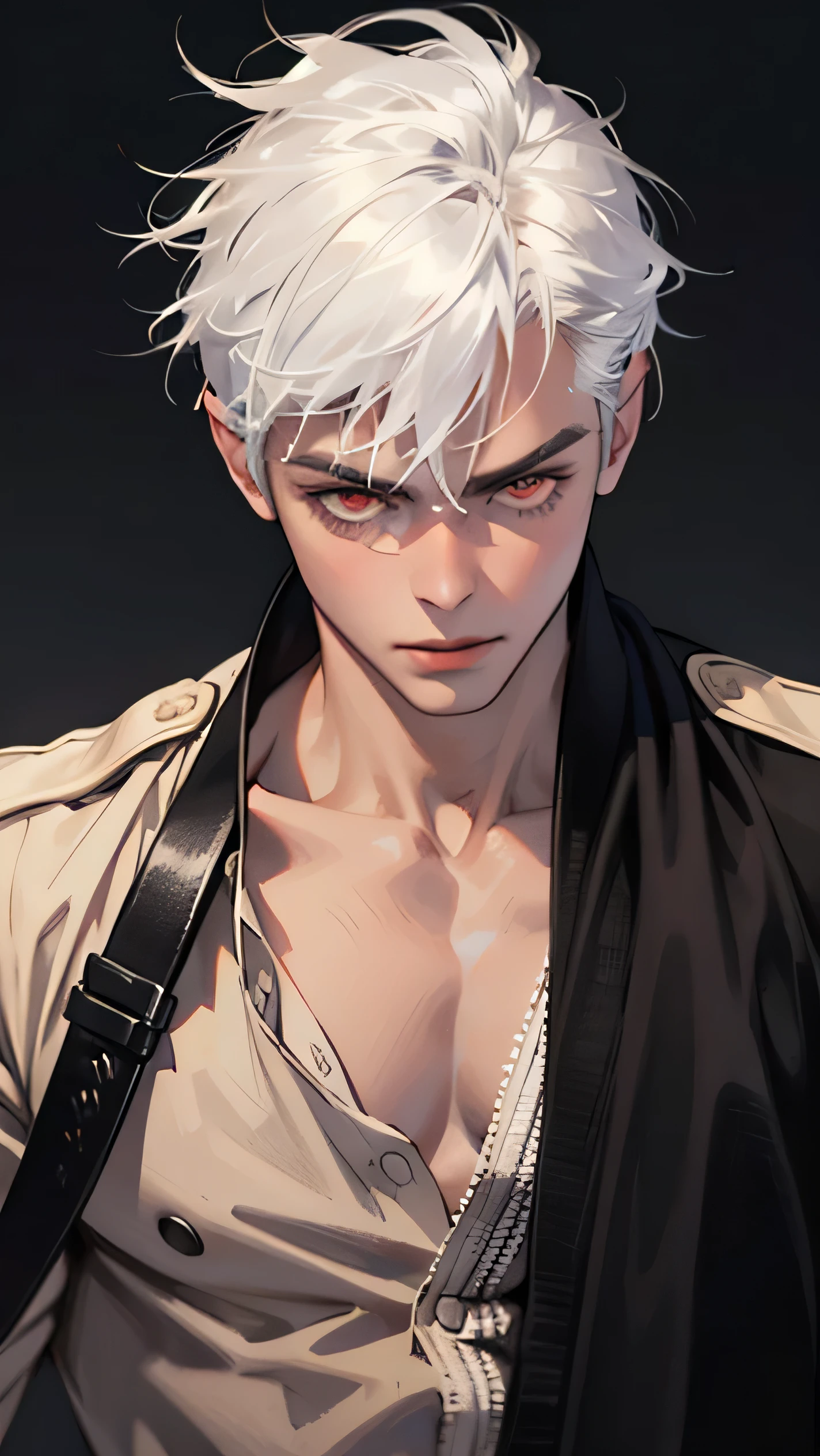 1boys, adult, white hair, red eyes, wearing Army uniform, Holding katana , absurdres, high detailed eyes and face, high res, ultrasharp, 8K, masterpiece, photorealistic, High quality,