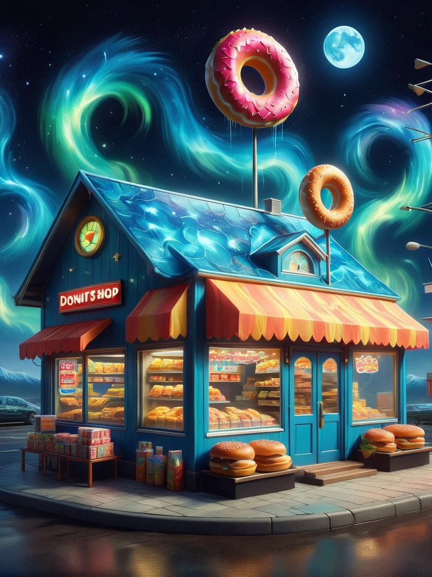 (masterpiece), best quality，(shiny)，(Inside a Van Gogh-style midnight convenience store:1.5), A cute and cheerful midnight convenience store， Dreamy convenience store, (Cute shop assistant is sorting goods:1.6)，(1 female clerk)，Cute cartoon design style, night，Sky，full moon，Vibrant colors，bright，1.4x more realism，ultra high definition，All shown in this beautiful scene，The content is very detailed，Reasonable design，clear lines，high definition，masterpiece，official art，Movie lighting effects，8K