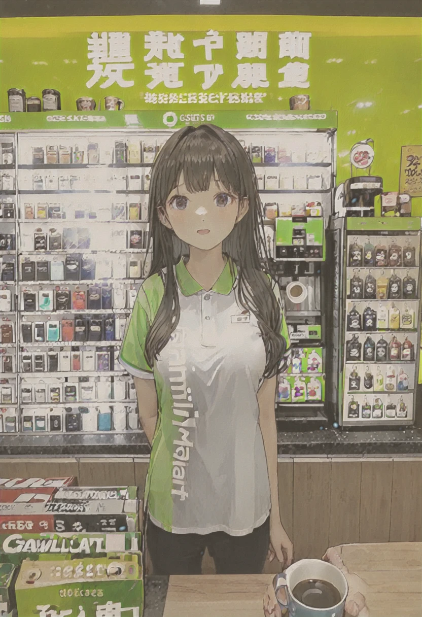 (long shot:2.0),#quality(8k,wallpaper of extremely detailed CG unit, ​masterpiece,hight resolution,top-quality,top-quality real texture skin,hyper realisitic,increase the resolution,RAW photos,best qualtiy,highly detailed,the wallpaper), BREAK ,(a girl is standing in front of the convenience store in the midnight),(you can see full body of the convenience store)