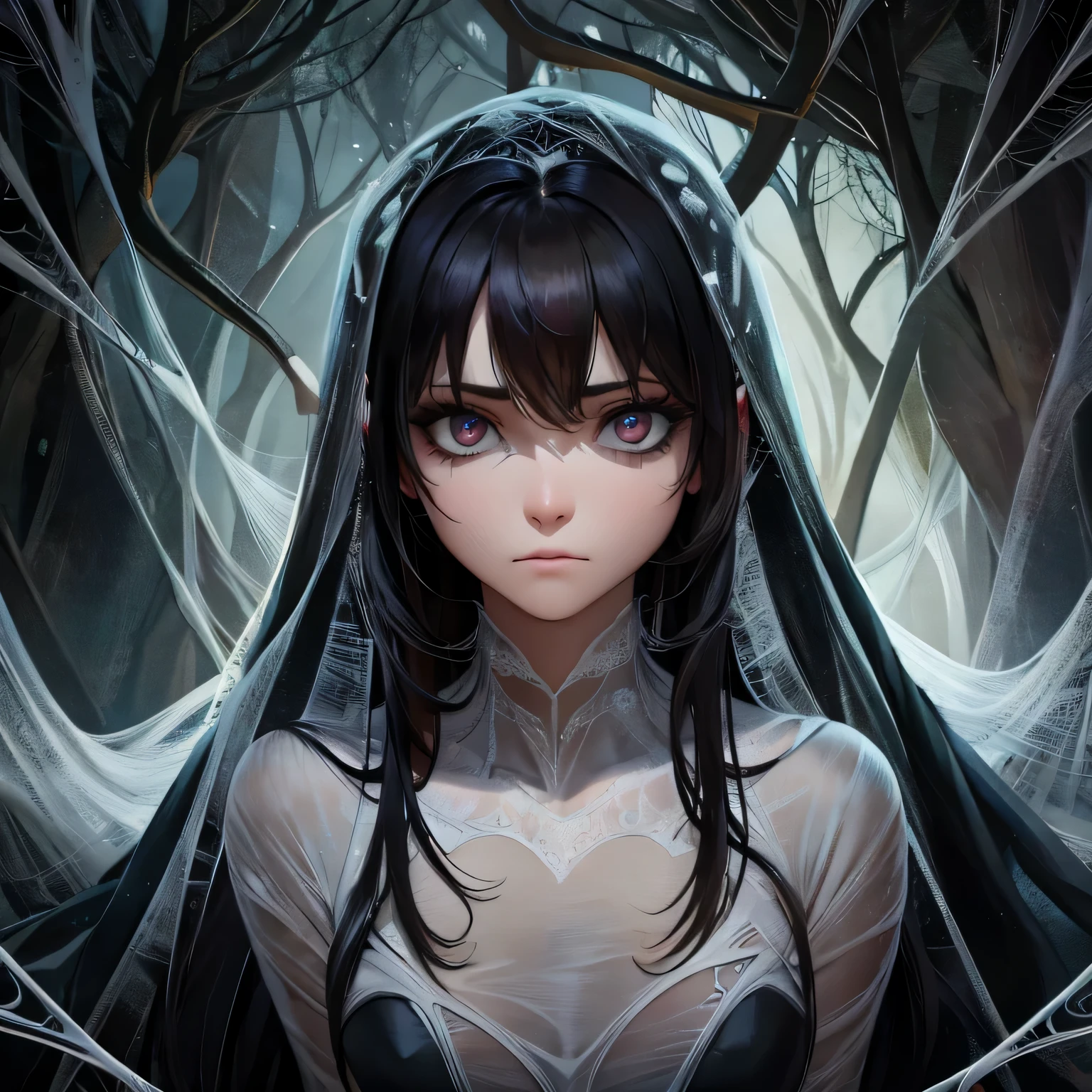 (best quality,4k,highres,masterpiece:1.2),dark gothic,hauntingly detailed,spider web,woman in distress,detailed facial expression,dark eyes,long flowing hair,captivatingly desperate gaze,wisps of cobweb tangled in her hair,dramatic lighting,imprisoned by the silken threads,cocooned in despair,detailed shadows and highlights,dark and eerie atmosphere,web strands shimmering under moonlight,lifelike texture of spider web,emphasize the complexity of the web with fine details,glimmer of hope in her eyes,contrast between light and darkness,velvet-like backdrop,constantly changing lighting effects,subtle hints of fear in her expression,dimly illuminated surroundings,dramatic close-up of her face,dewdrops glistening on the web threads,tangled emotions portrayed through her body language,captivating portrait of vulnerability and strength,dark fantasy theme,ethereal and mysterious mood,sense of entrapment and struggle,faint echoes of distant spiders,ominous presence lurking in the shadows,subtle infusion of color hinting at the unknown,evocative and surreal composition,detailed fineness in each thread of the spider web,eye-catching attention to detail,hypnotizing and unsettling atmosphere,intense emotions conveyed through subtle nuances of expression,transcendent portrayal of the human spirit.