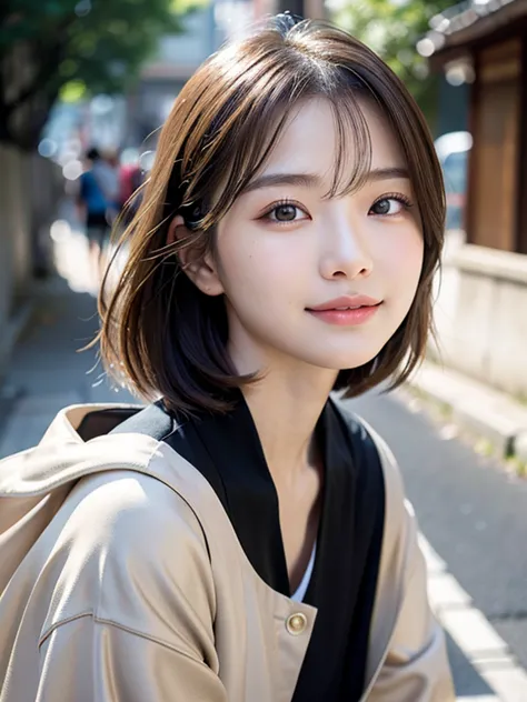 With the alleys of Kyoto in the background、18 year old girl、independent、facing forward、Light eye makeup、brown hair color、Flat 、h...