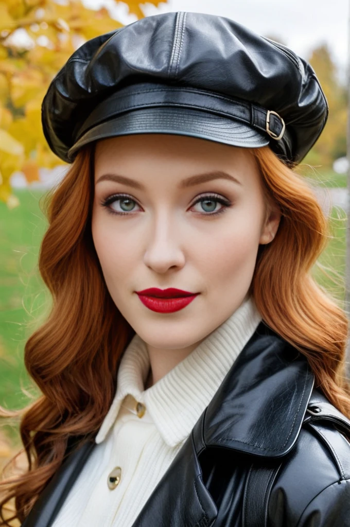 A close-up portrait of a gorgeous, beautiful, stunning russian woman wearing a classy outfit: a black belted double breasted leather trench coat, a beige sweater, and a black newsboy cap. A redhead woman from Russia, delicate red lips, pastel pink skin tone, soft flawless pale skin, soft make-up, scarlet red lipstick. Classy, elegant, stylish redhead woman, a majestic lady, dream beauty, ethereal beauty, delicate, sensitive, tender, lovely, romantic, kind, so femenine and strong, brave, pushing, spirited, lively, brisk determined woman. Elegant look, flowing and glowing layered wavy ginger hair. She's making a photo book, fall-winter season, smiling at camera, professional photograph, editorial photograph, modeling photograph, portrait photo of a russian model.