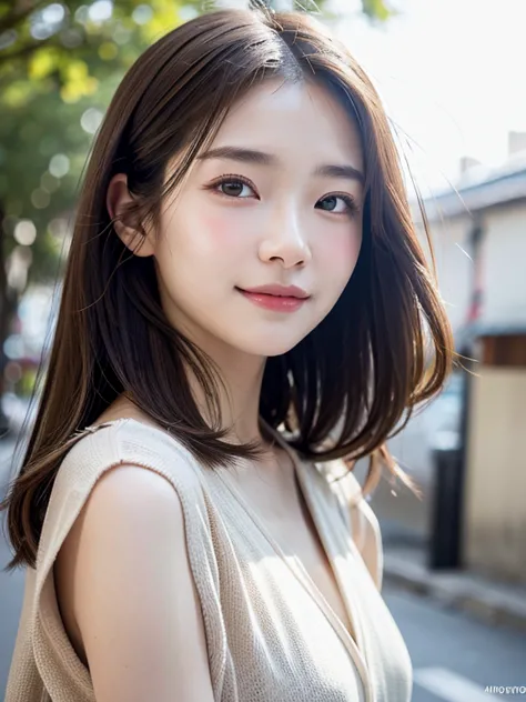 With the alleys of Kyoto in the background、18 year old girl、independent、facing forward、Light eye makeup、brown hair color、Flat 、h...