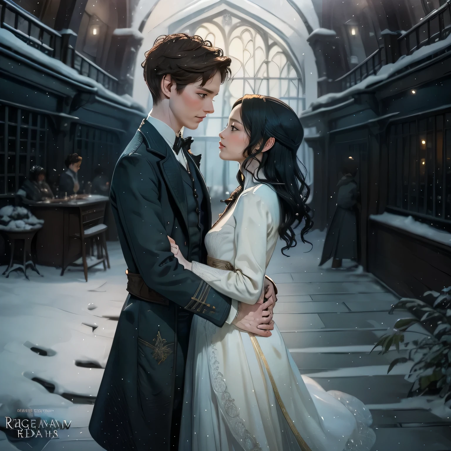 Eddie Redmayne Newt bestias fantásticas estafador abrazando a una chica blanca de cabello medio, Pareja romántica feliz, en un invernadero, anatomía correcta, patrón delicado，estilo de pintura de tinta, colores limpios, iluminación suave, (bokeh)，obra maestra, Súper detallado, composición épica, de la más alta calidad, 8K.