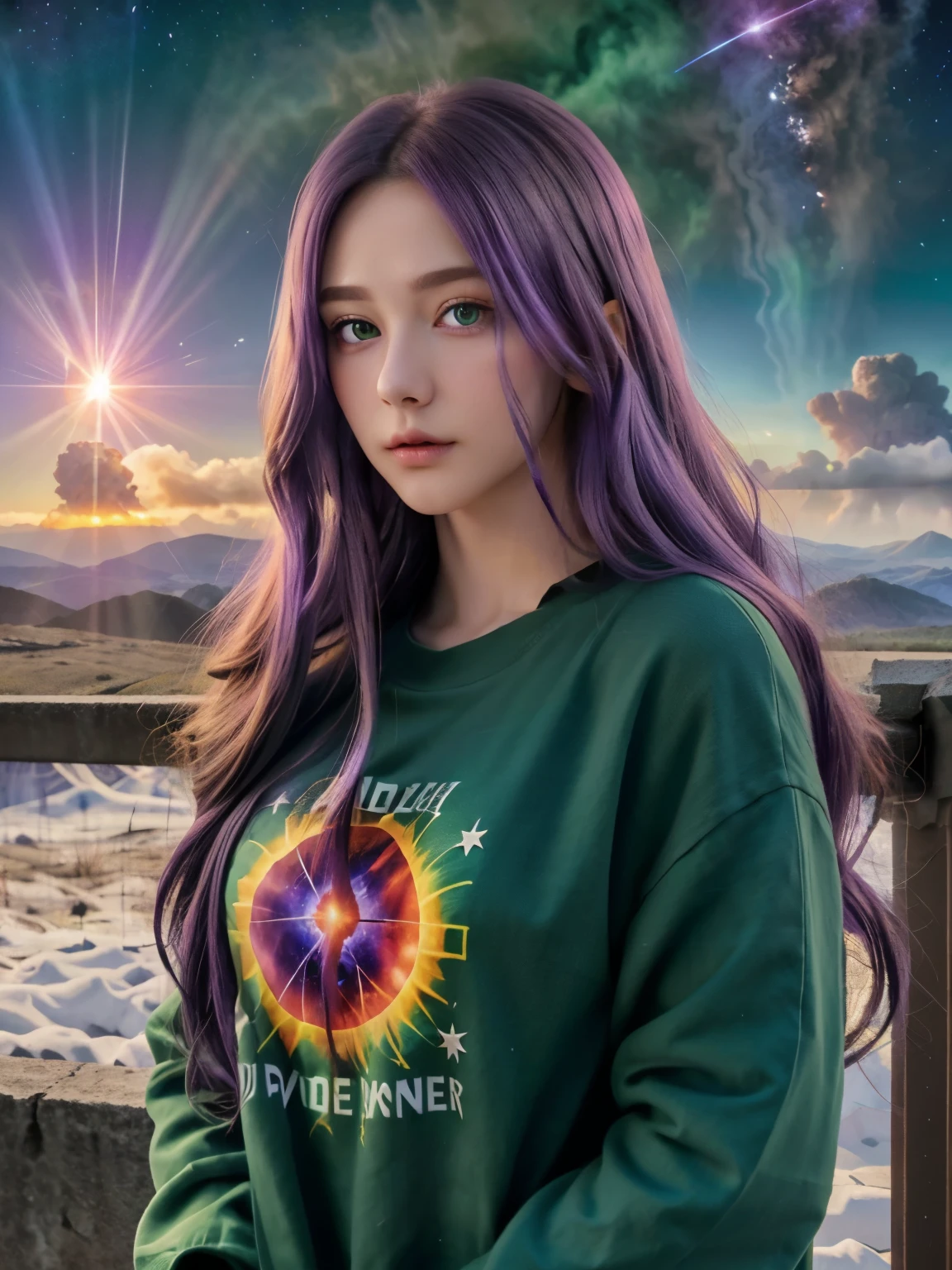 (8k), (highest quality), (best details)purple hair、green eyes、Put on the cassock and pray to God、church、Long long long hair、Beautiful French woman、supernova explosion、Volcanic eruptions、catastrophe、dawn、sunrise
