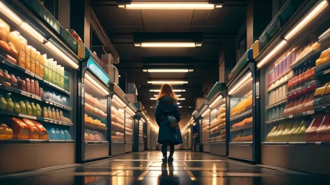 shelves of a night grocery store: a girl in a midnight grocery store, detailed neon lights, shelves filled with snacks and drink...