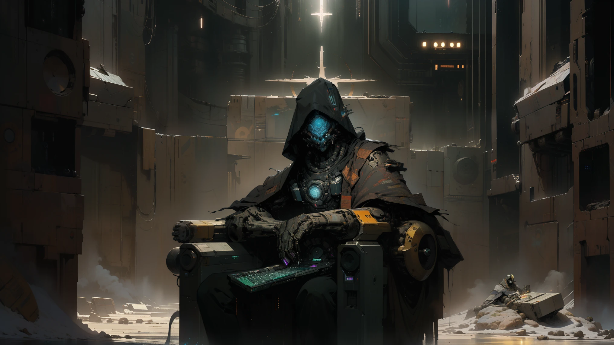 (A divine creature:1.5), cyborg,((The face is in style of an Exo from Destiny)),(Science Fiction Throne Room:1.3),Shiny metal skin,Mechanical body parts,Mechanical gears and gears, devoid of mouth, [Meticulous, Surgical precision],church style background,Science fiction art style,Vibrant colors,High-res,Ultra-detailed,Realistic lighting effects,Bokeh, wearing white robes, cloak, divine pose, two eyes, ((Divine halo)), 4 mechanical arms, (God of computers, space and stars, a large cyberpunk style room in a rich atmosphere:1.2), (Mejor calidad,4k,high resolution,obra maestra:1.2),retrato extremadamente detallado y realista de Cthulhu, Rasgos faciales espeluznantes y misteriosos, tentacle-like appendages protruding from its face, Ojos amarillos intensos y penetrantes, escamas distintas e intrincadas que cubren su cuerpo, Criatura antigua y de otro mundo, dark and creepy atmosphere, Paisajes surrealistas y de pesadilla, Disturbing and malevolent presence, Terror lovecraftiano, Paleta de colores azul oscuro y verde, Dramatic and discreet lighting with ominous shadows, Ethereal and supernatural aura