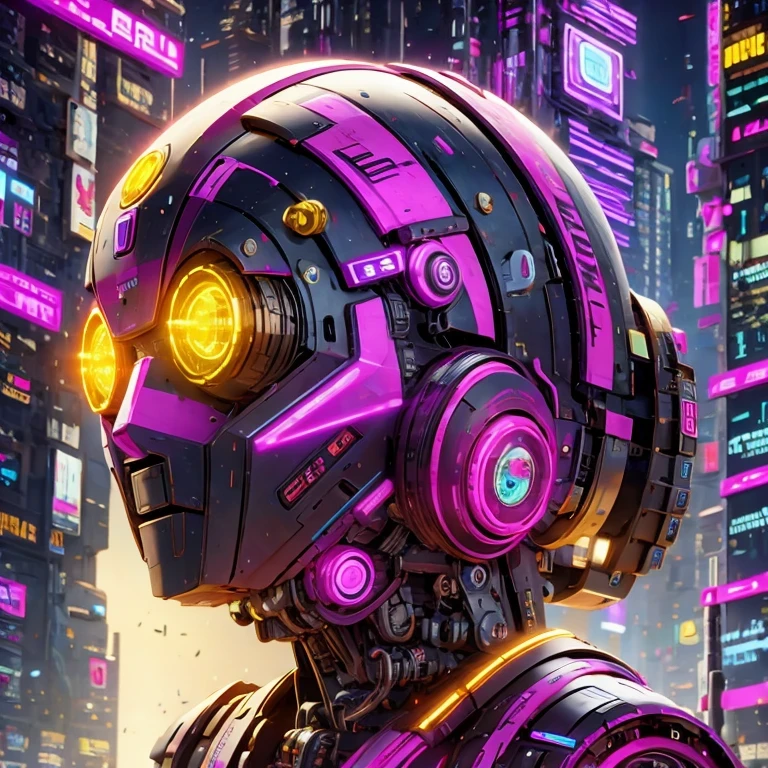 un gros plan d&#39;un robot avec une tête brillante et un fond violet, cybermécanique, in style of bip, pikachu cyberpunk, style hybrid mix of bip, 3 d render bip, joli robot épique élaboré, bip masterpiece, style artistique cyberpunk, robot jaune, bip!!, cyber steampunk 8k 3j