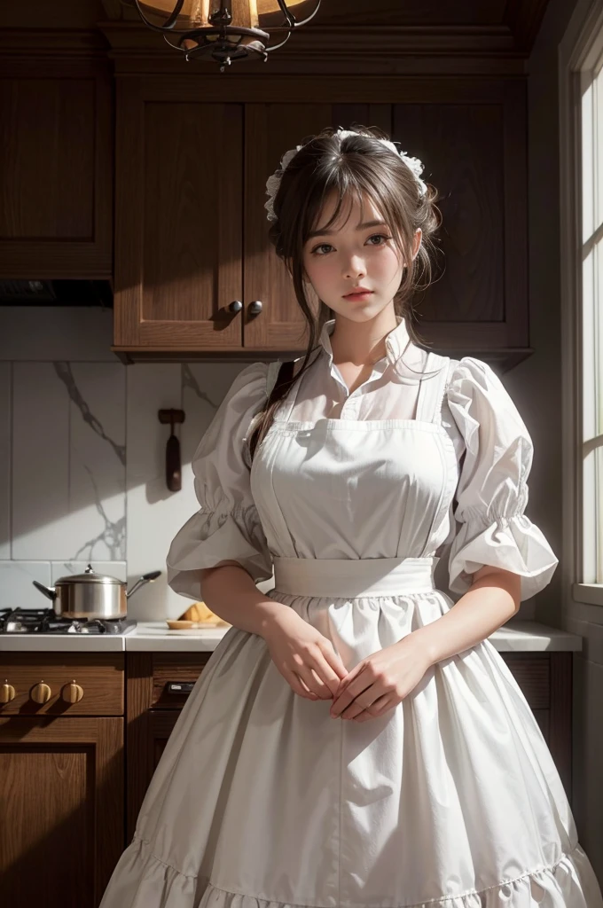 ((highest quality: 1.4)), (an unparalleled masterpiece), (ultra high resolution), (Ultra-realistic 8k cg), (cowboy shot), (super detailed), (maid ), (Art by Jean-Baptiste Monge), highly detailed maid clothes, half_apron , Amazingly realistic and beautiful faces, Highly detailed beautiful hair, Highly detailed hairstyle, Realistic white skin、cinematic, Happy , Working in the kitchen of an old Western-style building, candle light, Use backlight effects to add depth to an image, anisotropic filtering, Depth of the bounds written, Maximum clarity and sharpness, 8 life size, thick body:0.8 , perfect anatomy, Symmetrical and balanced, beautiful gradation, sharp focus, golden ratio, image centered, beautiful composition
