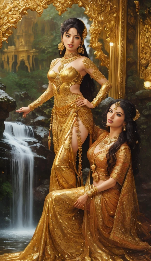 Face of beautiful indian woman, bhagyashree, a masterpiece ultra realistic ultra detailed portrait of a beautiful girl in incredible golden armor. baroque renaissance. in front of a waterfall. medium shot, intricate, elegant, highly detailed. trending on artstation, digital art, by stanley artgerm lau, wlop, rossdraws, james jean, andrei riabovitchev, marc simonetti, yoshitaka amano. background by james jean and gustav klimt, light by julie bell, 4 k, porcelain skin, one woman, full body, 