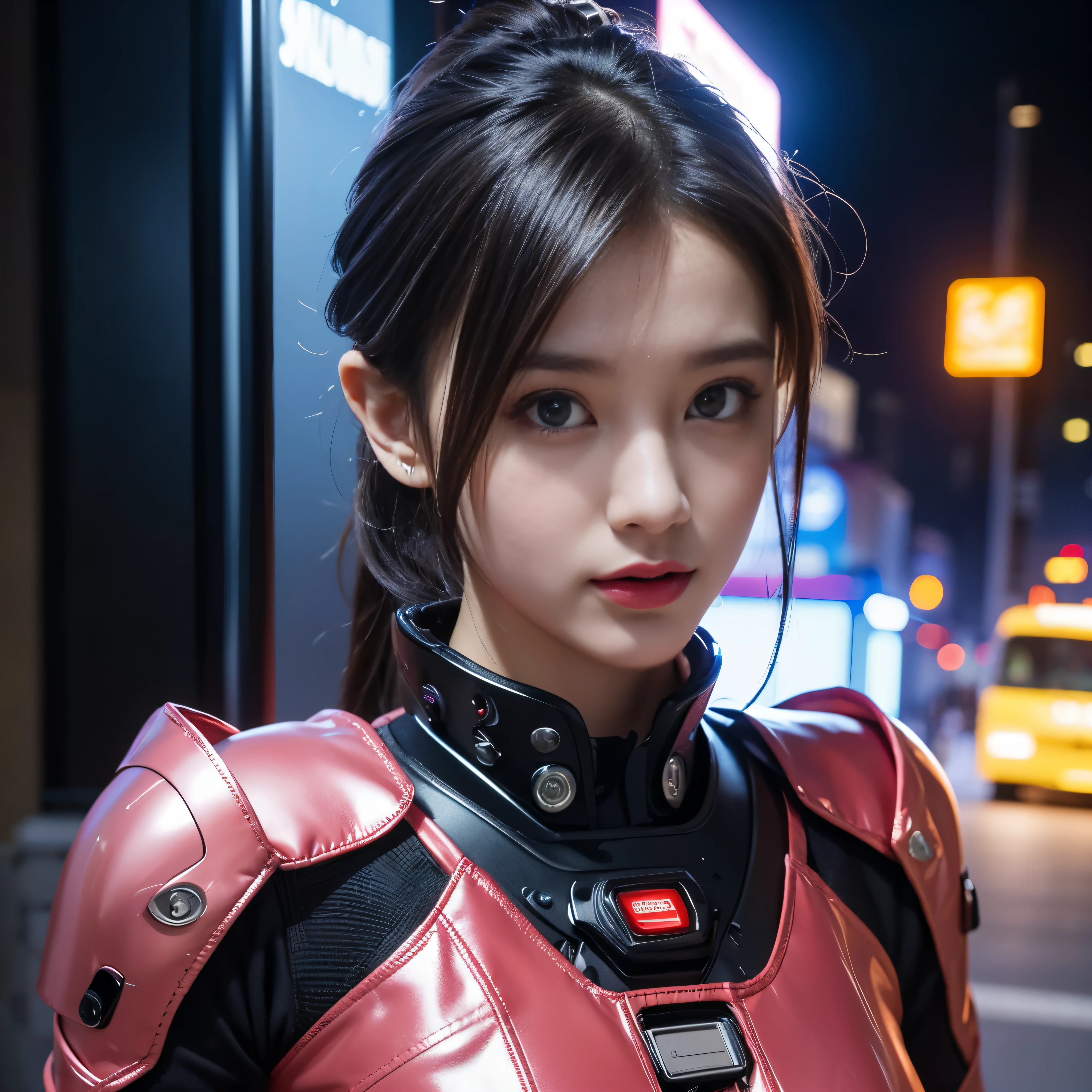 (highest quality、4k、8k、High resolution、masterpiece: 1.2)、Super detailed、(real、photorealistic、photorealistic: 1.37)、SF、beautiful young woman、bounty hunter、Cybernetic Weapons、cyberspace、High Tech City、Shining neon lights、((futuristic fashion))、((Skin-tight pink metallic outfit))、mythical creatures、standing split:1.7、Fast-paced、Exciting soundtrack、explosion、Advanced technology、Sharp contrast、Gritty atmosphere、Black Market Trading、Skyline at night、Steampunk elements、Laser gun combat、Hidden Alley、hovering drone、Enhanced Vision、The unforgiving metropolis、Cybernetic Implants、Secret organizationysterious Informant、High Speed Chase、Impressive acrobatics、Colorful holograms、Urban Exploration、Navigating Virtual Reality、A diverse and multicultural society、Dystopian society、 Crowded city street、hall々A high-rise building、Android Companion、Illegal cybernetic modifications、A heart-pounding adrenaline rush、Heroic determination