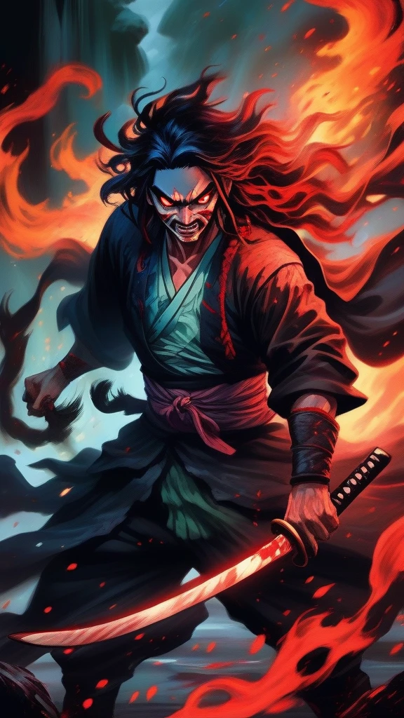 (best quality,ultra-detailed),demon slayer, vibrant colors, intense action, dynamic movement, fierce expression, flowing hair, demon blood art, powerful demon slaying, katana, fiery background, determined eyes, demon horns, fearless warrior, epic battle scene