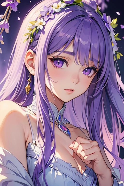 (masterpiece:1.2, best quality), (exquisite eyes: 1.2), ((1 girl)), ((alone)), (purple eyes:1.4), (exquisite lavender hair and eyes and exquisite face:1.3), ( beautiful clear background: 1.2), (Extremely detailed CG, super detailed, best shade: 1.1), ((depth of field)), ((watercolor)),Light colored flowers and petals, Beautiful concept art, (White background: 0.5), (illustration: 1.1), (extremely refined: 1.1), (Perfect details: 1.1),