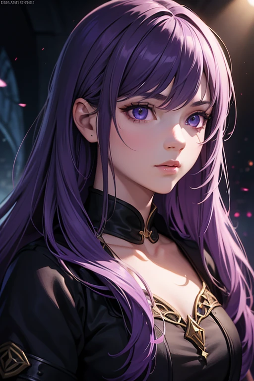 female portrait,fantasy art, Photorealistic, Dynamic lighting poster, Volumetric lighting, Very detailed faces, 4k, Award-winning,, 1 girl, in the darkness, deep shadow, low profile,(official clothing:1.4) ,long hair,light purple hair and eyes,