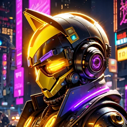 Gros plan latéral，un gros plan d&#39;un robot avec une tête brillante et un fond violet, cybermécanique, in style of bip, pikachu cyberpunk, style hybrid mix of bip, 3 d render bip, joli robot épique élaboré, bip masterpiece, style artistique cyberpunk, robot jaune, bip!!, cyber steampunk 8k 3j（（（avenir）））（Décalage micro-angle du téléobjectif）