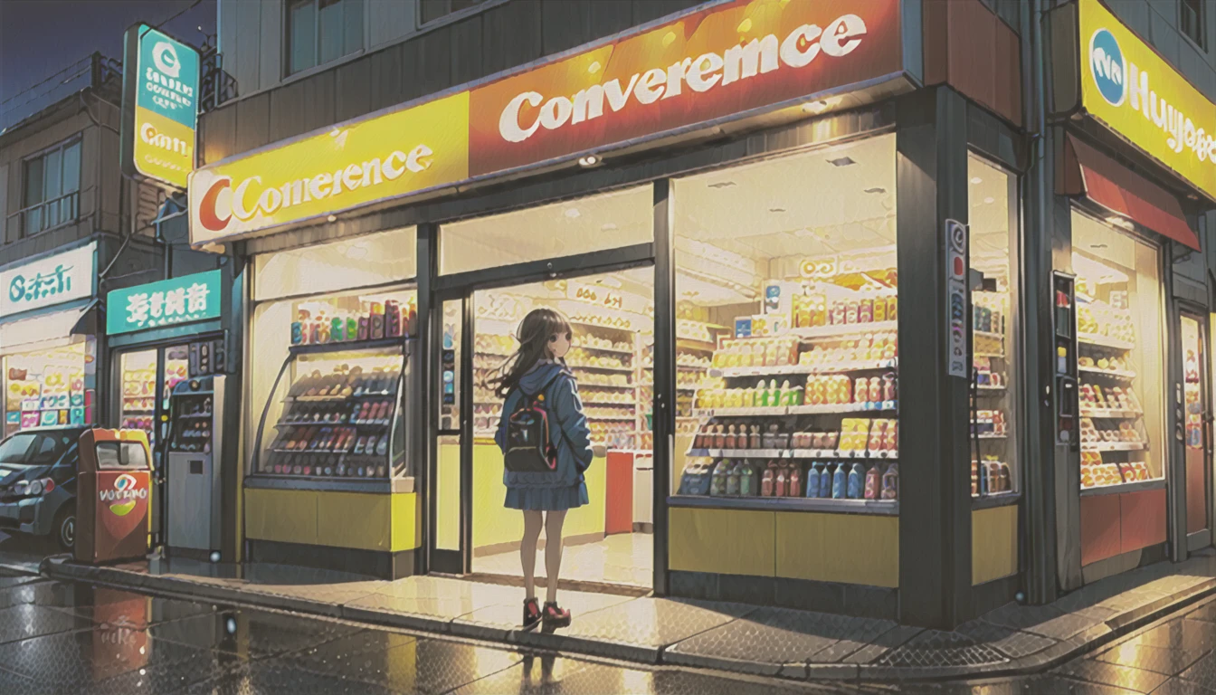 (long shot:2.0),#quality(8k,wallpaper of extremely detailed CG unit, ​masterpiece,hight resolution,top-quality,top-quality real texture skin,hyper realisitic,increase the resolution,RAW photos,best qualtiy,highly detailed,the wallpaper), BREAK ,(a girl is standing in front of the convenience store in the midnight),(you can see full body of the convenience store)