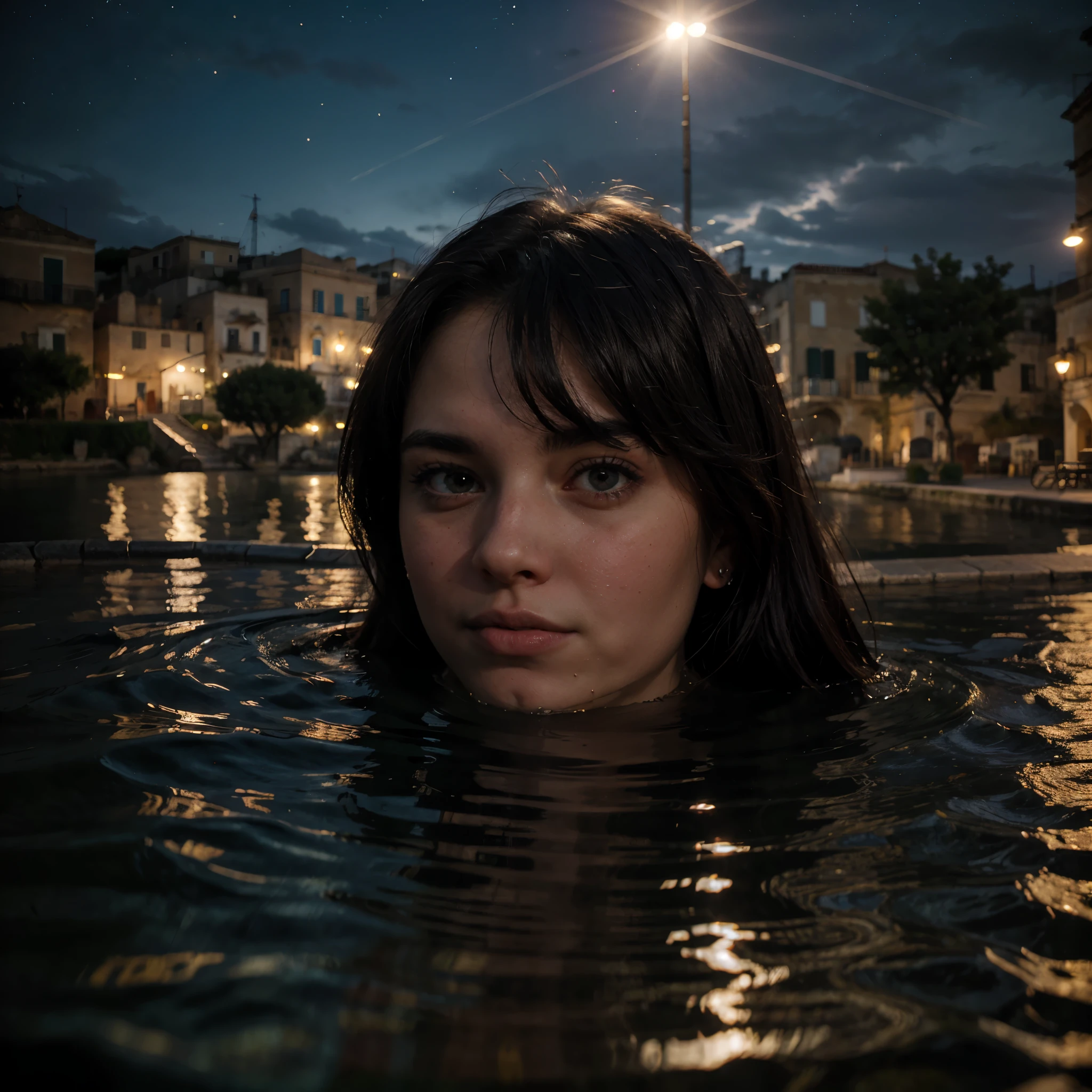 un œil géant émerge des eaux d&#39;un lac de la ville de Matera, (des pierres_De_Matera - Italie). le reflet dans l&#39;eau est un vrai spectacle. L&#39;œil sort des eaux lors d&#39;une nuit étoilée, Haute qualité, Éclairage réaliste, centre de l&#39;image, (un œil géant se reflète sur l&#39;eau), surface d&#39;eau claire et calme, ciel étoilé, des pierres_De_Matera - Italie in background, (l&#39;oeil se reflète parfaitement sur l&#39;eau), (reflets parfaits)