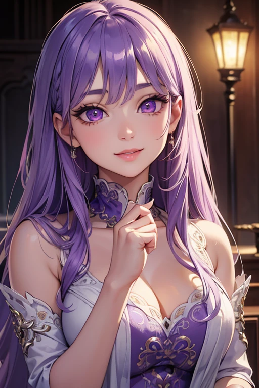 masterpiece, best quality, masterpiece, godlike quality, godlike art, The facial details are very rich, Highly realistic, Lovely, young girl, Smile, big eyes, long eyelashes, light purple hair, light purple eyes, shiny skin,shiny skin