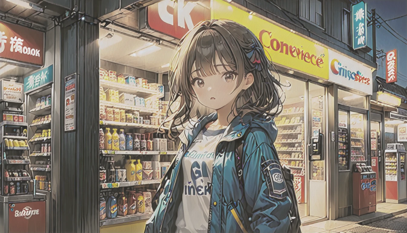 (long shot:2.0),#quality(8k,wallpaper of extremely detailed CG unit, ​masterpiece,hight resolution,top-quality,top-quality real texture skin,hyper realisitic,increase the resolution,RAW photos,best qualtiy,highly detailed,the wallpaper), BREAK ,(a girl is standing in front of the convenience store in the midnight),(you can see full body of the convenience store)