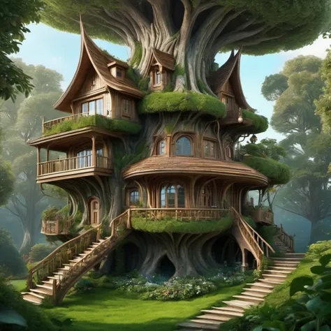 house built from trees，exist，so many elves（（best quality））， （（intricate details））， （（surrealism））（8k）