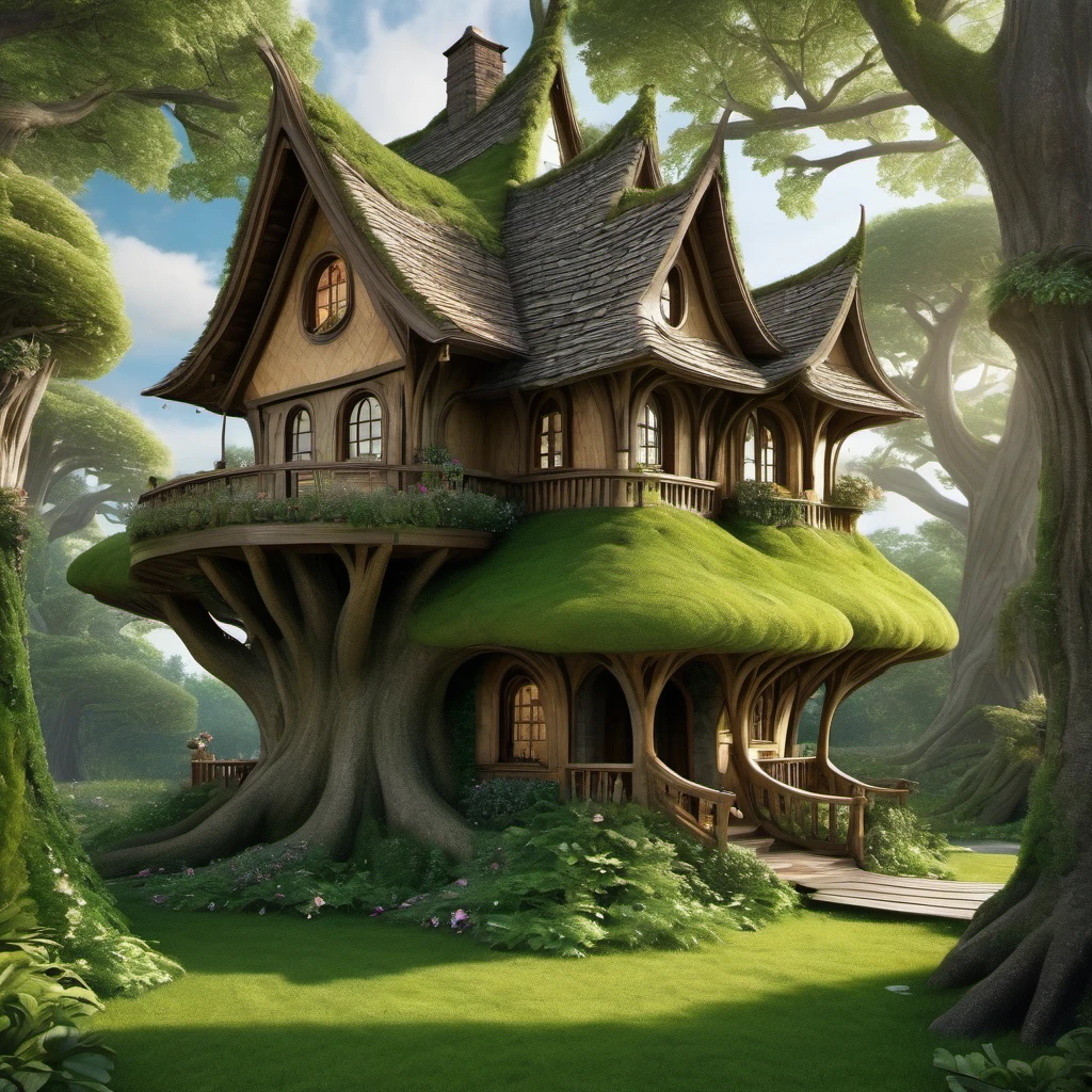 House built from trees，exist，So many elves（（best quality））， （（intricate details））， （（Surrealism））（8K）