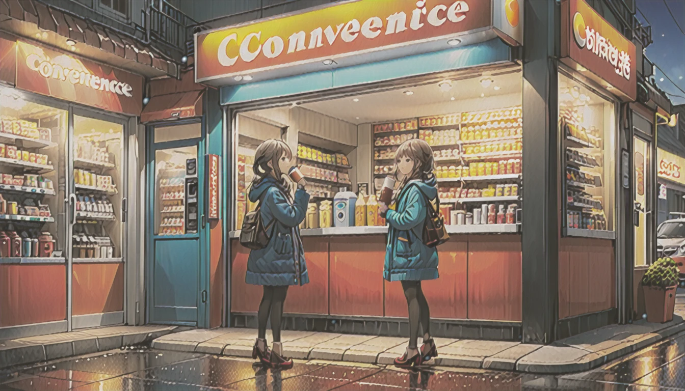 (long shot:2.0),#quality(8k,wallpaper of extremely detailed CG unit, ​masterpiece,hight resolution,top-quality,top-quality real texture skin,hyper realisitic,increase the resolution,RAW photos,best qualtiy,highly detailed,the wallpaper), BREAK ,(a girl is standing in front of the convenience store in the midnight),(you can see full body of the convenience store)