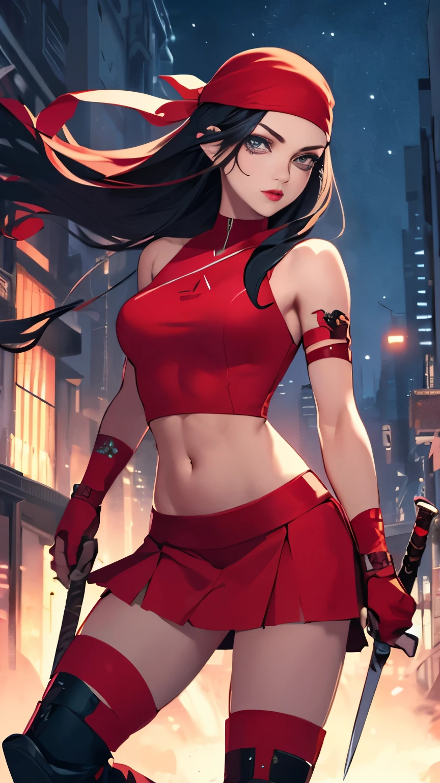 (Highly quality, masterpiece, detailed), night city detailed scenario, night city detailed background, 1girl, black hair, solo, weapon, bandana, holding, sword, makeup, dual wielding, gloves, boots, ninja, red crop top, half skirt, navel, perfect face, beautiful eyes, look at the viewer, Sexy pose