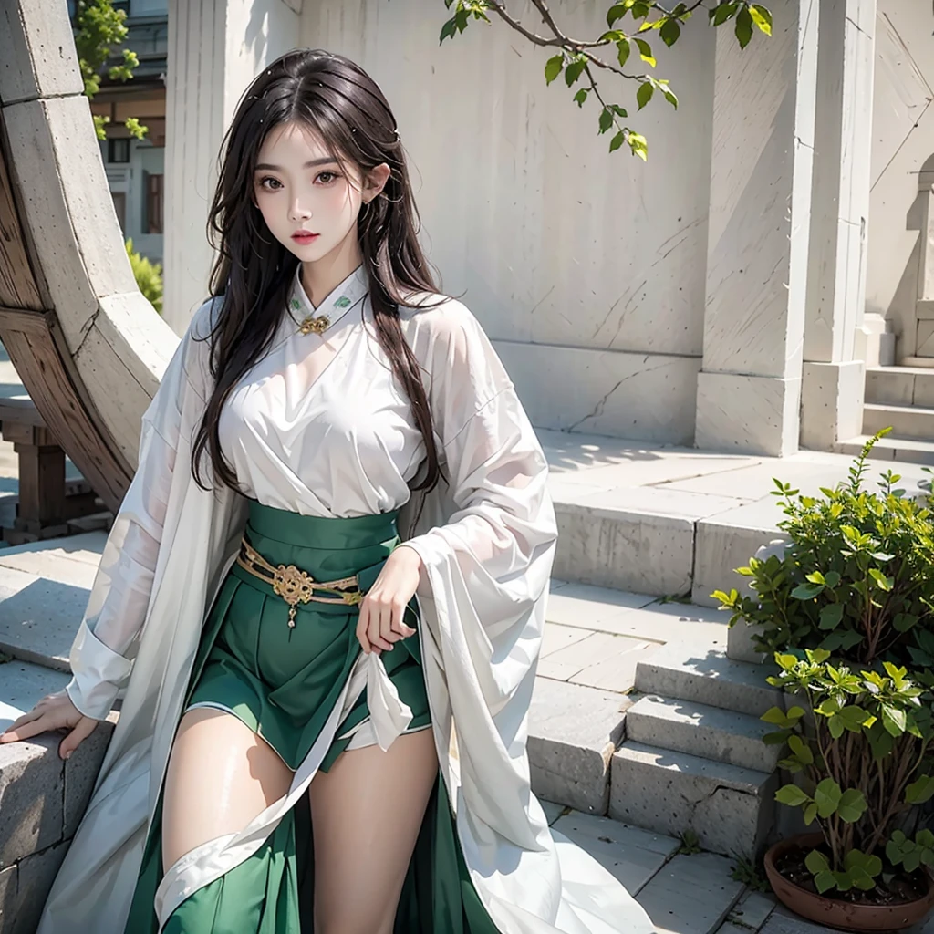 1 girl, alone, black hair, ,(blood volume: 1),, whole body,, (realism: 1.4), official art, Unreal 8k wallpaper, super detailed, beautiful aesthetic, masterpiece, best quality, (Dynamic angle: 1.4), , elegant, bright colors, Romantic, Sexy, transparent, perspective, Chinese Hanfu, bare breasts, (transparent skirt), barefoot, (wet), (purely), (Liquid flows down the thighs), green and white skirt, ((hands tied behind back))