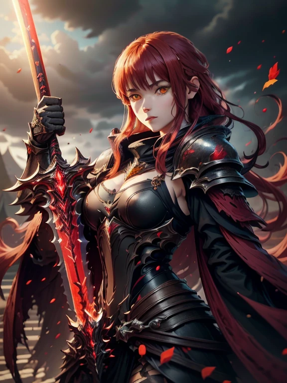 Hight quality, masterpiece, 8k, 1 female, Makima from anime, beautiful face, red hair, long hair, yellow eyes, badass smile face, wearing red armor, holding sword, dark color, color full, yellow lighting eyes, badass, standing, on the broken palace, dark sky, red souls in the sky in the background