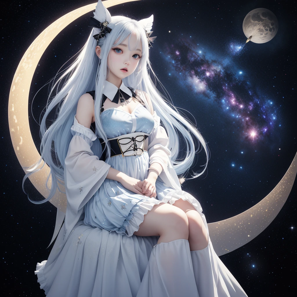 sitting on the crescent moon、(masterpiece, best quality), 1girl,  1girl、vtuber-fullbody、Star Fairy、「A beautifully printed galaxy patterned kimono and gothic lolita outfit.、Space pattern box pleated mini skirt with ruffles、Front full body portrait、enchanting eyes、Perfect and stunning face、exquisite details、clear image、highest quality。」Milky white and light blue gradient straight long hair、