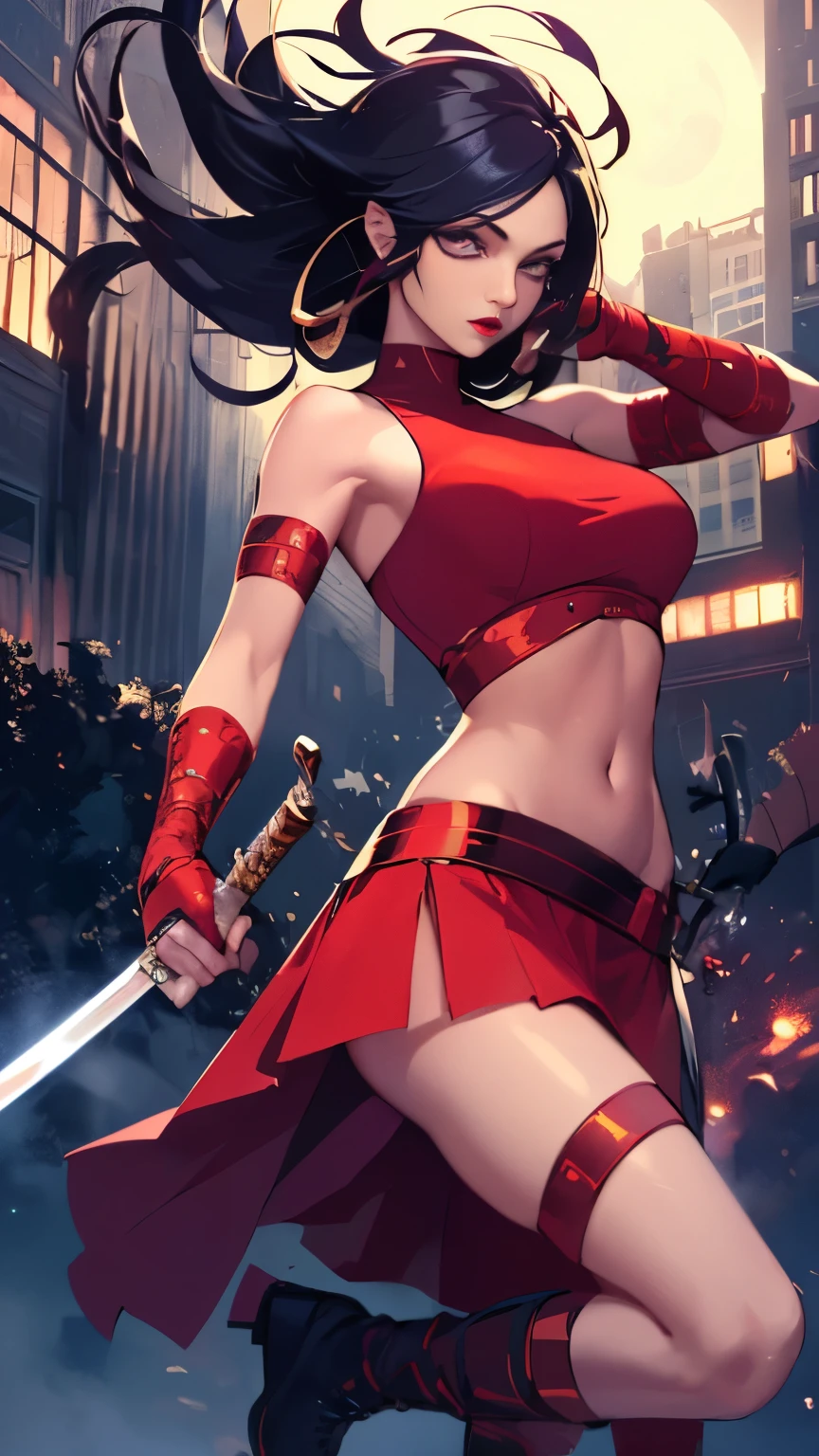 (Highly quality, masterpiece, detailed), night city detailed scenario, night city detailed background, 1girl, black hair, solo, weapon, holding, sword, makeup, dual wielding, gloves, boots, ninja, red crop top, half skirt, navel, perfect face, beautiful eyes, look at the viewer, Sexy pose