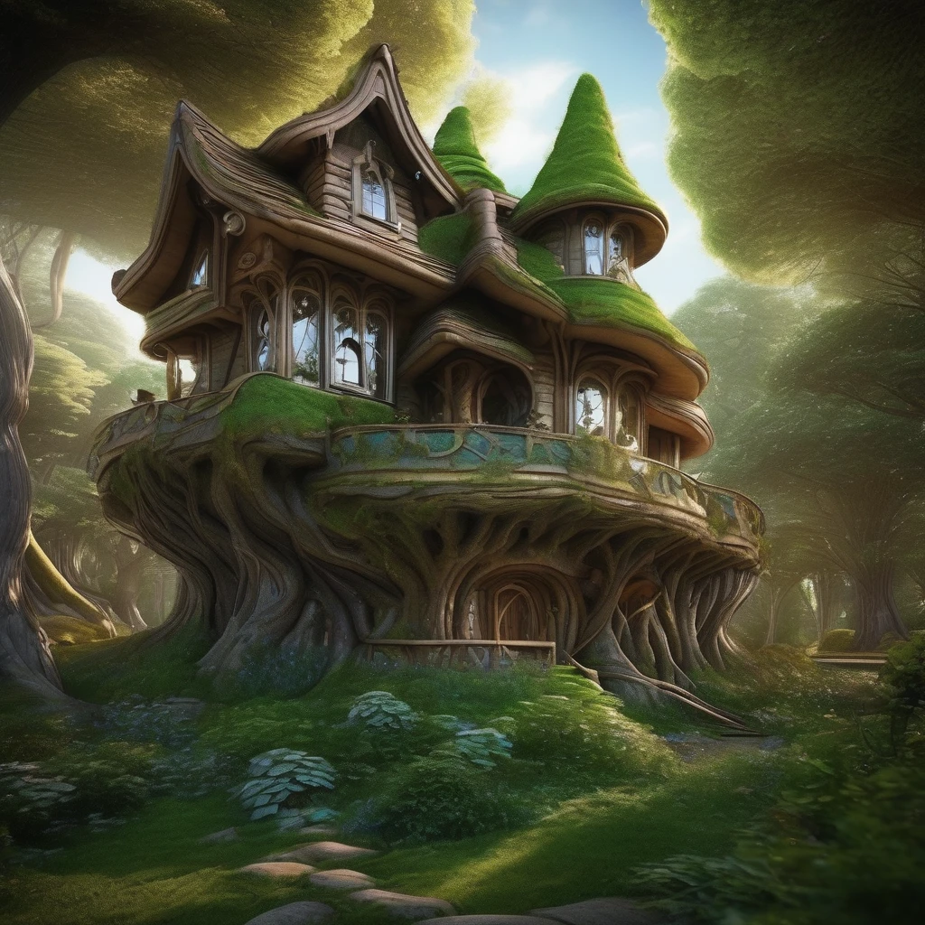 House built from trees，exist，So many elves（（best quality））， （（intricate details））， （（Surrealism））（8K）