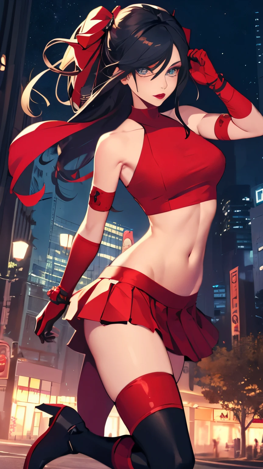 (Highly quality, masterpiece, detailed), night city detailed scenario, night city detailed background, 1girl, black hair, solo, makeup, gloves, boots, ninja, red crop top, half skirt, navel, perfect face, beautiful eyes, look at the viewer, Sexy pose