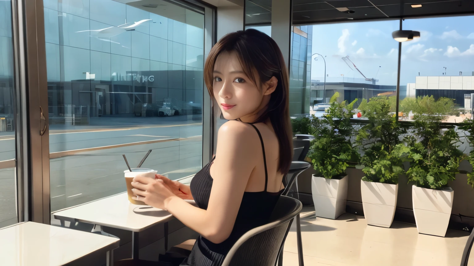 (highest quality、8K、32k、masterpiece、nffsw:1.2)、A Japanese actress waiting for her flight at an airport cafe terrace, Before leaving for overseas travel, Upper body