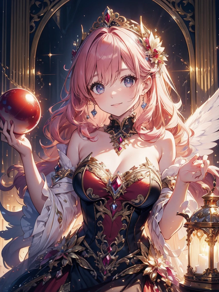 (masterpiece, very detailed, exquisite, beautiful, Full HD, High resolution, confused), soft edge, soft lines, woman, charming princess, goblin, Happy, fun, smile, looking at the viewer, wavy hair, medium hair, Big eyes, white skin, beautiful breasts, slim, crown, earrings, choker, With wings, white background, in the afternoon, from before, dynamic angle, bright light, dramatic lighting, warm lighting, soft lighting, Depth of written boundary, fantasy, beautiful, dreamy atmosphere, (red ball gown dress:1.1, gold decoration,Black lace and frills,Ruby motif dress), pink hair, purple eyes
