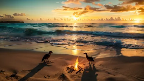 landscape of a sunset, night, perching on the bright sea, reflection of the sun on the sea on a beach, four friends in the sand ...