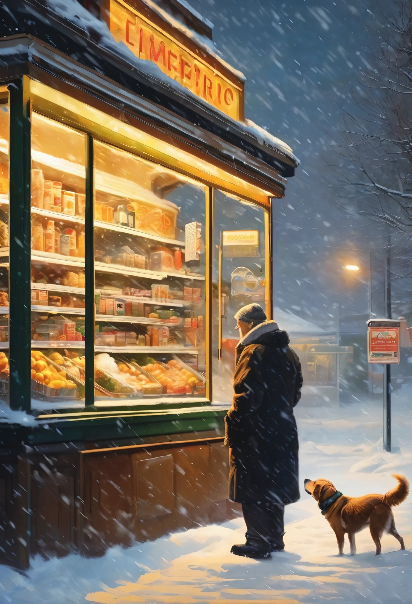 （masterpiece，photography，lifelike，）winter，heavy snow，snow，late night，Convenience store at night，supermarket，Huge glass windows，Old man and dog in the window，Bus stops