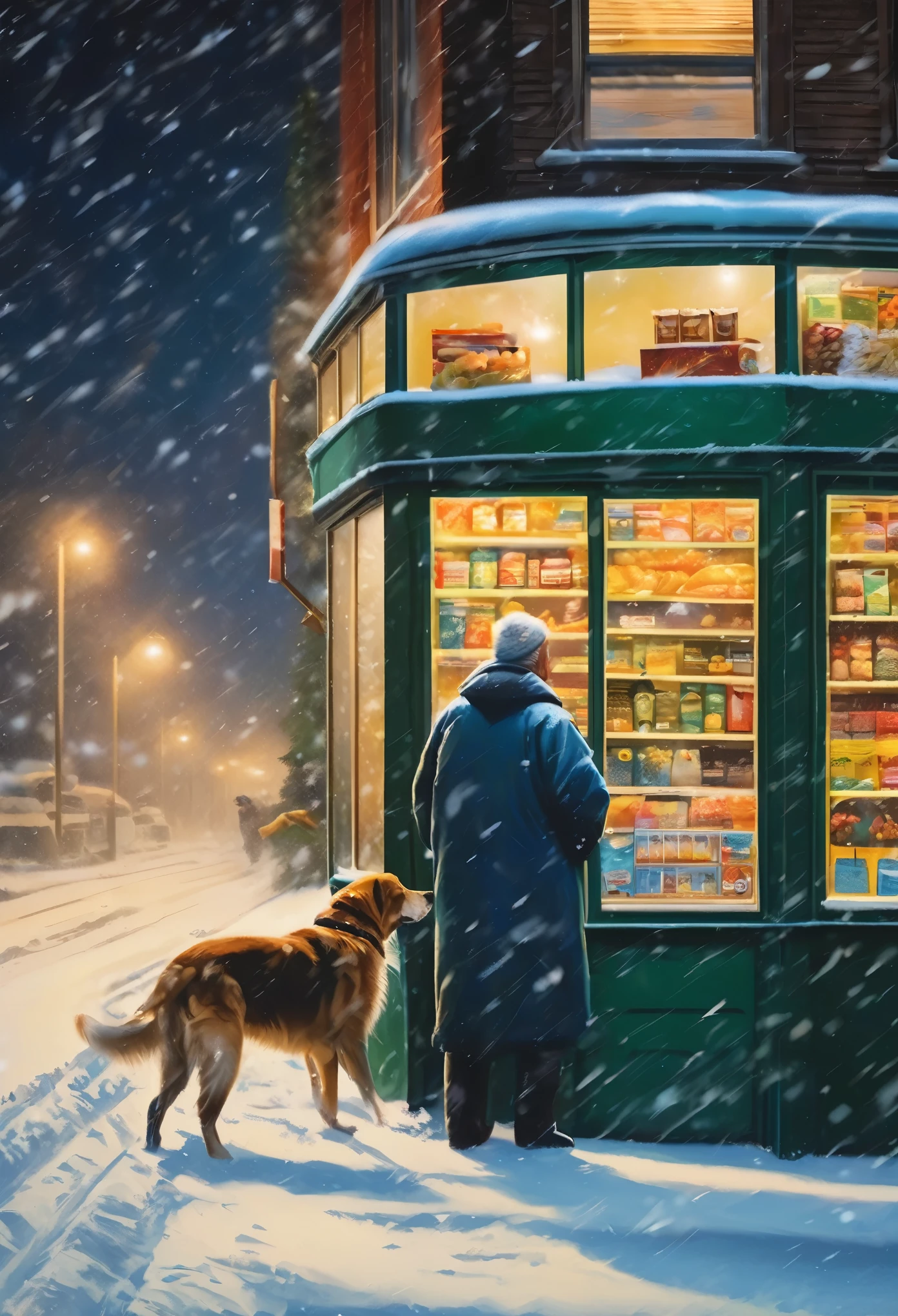 （masterpiece，photography，lifelike，）winter，heavy snow，snow，late night，Convenience store at night，supermarket，Huge glass windows，Old man and dog in the window，Bus stops