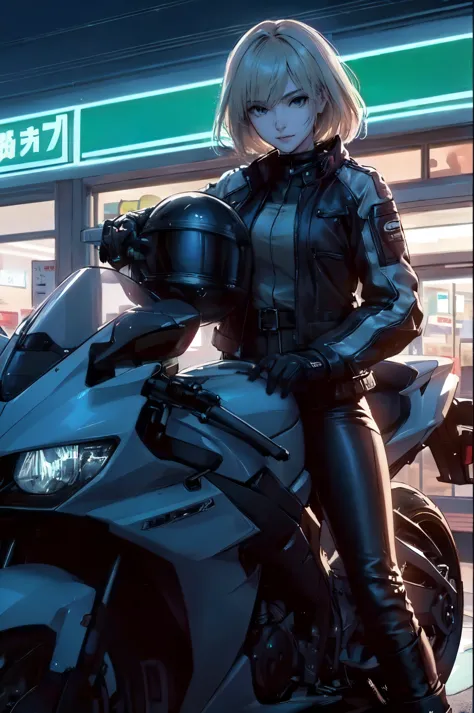 1lady standing, (straddling motorcycle), parked motorcycle, (stylish outfit), (rider's jacket) pants, mature female, /(beige hai...