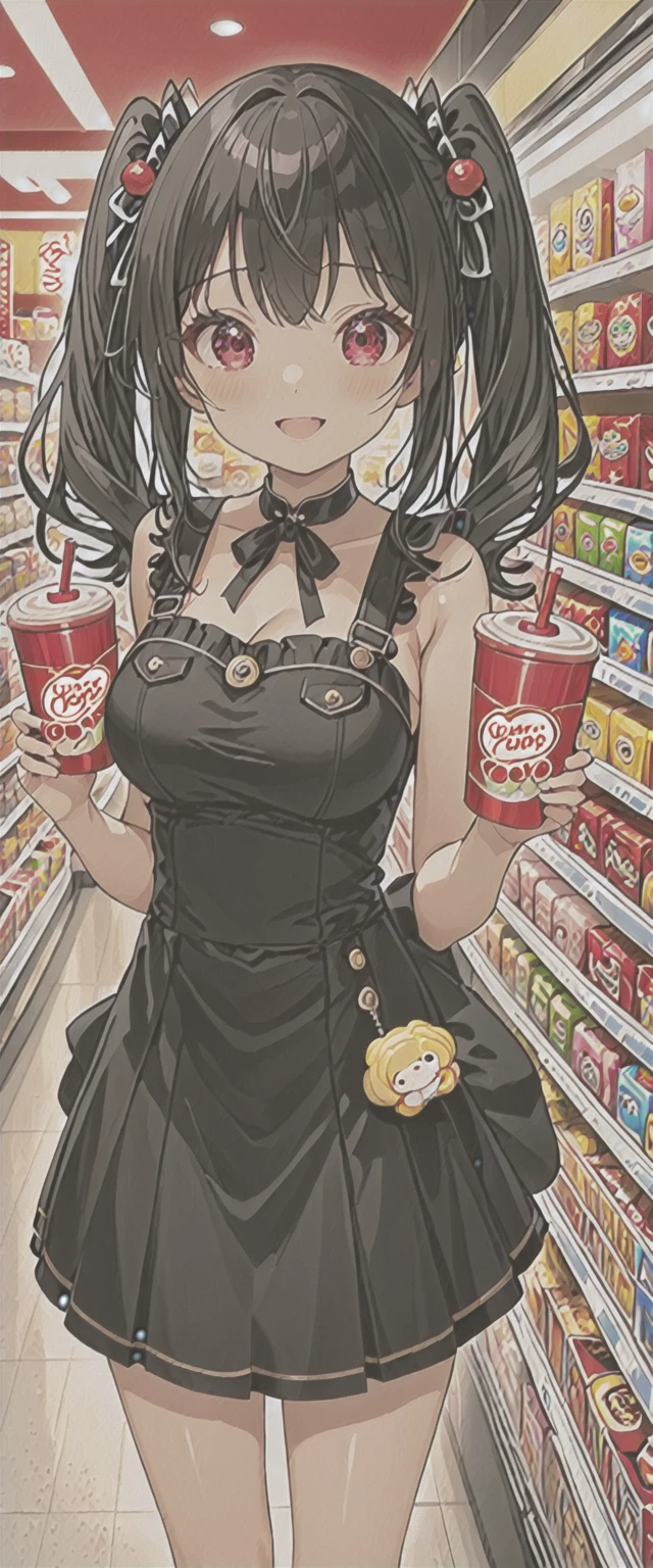 (long shot:2.0),#quality(8k,wallpaper of extremely detailed CG unit, ​masterpiece,hight resolution,top-quality,top-quality real texture skin,hyper realisitic,increase the resolution,RAW photos,best qualtiy,highly detailed,the wallpaper), BREAK ,(a girl is standing in front of the convenience store in the midnight),(you can see full body of the convenience store)