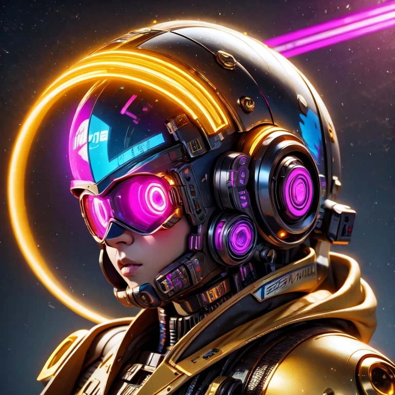 Gros plan latéral，un gros plan d&#39;un robot avec une tête brillante et un fond violet, cybermécanique, in style of bip, pikachu cyberpunk, style hybrid mix of bip, 3 d render bip, joli robot épique élaboré, bip masterpiece, style artistique cyberpunk, robot jaune, bip!!, cyber steampunk 8k 3j（（（avenir）））（Téléobjectif inclinable et décalé）